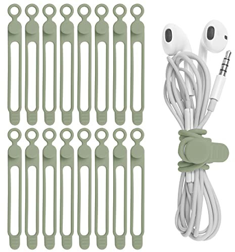 Nearockle 16 Stück Silikon Kabelbinder Wiederverschließbar für Handy Ladegerät, Kabel Organizer,wiederverwendbare kabelbinder für Kabelmanagement und Organisieren (Grün)