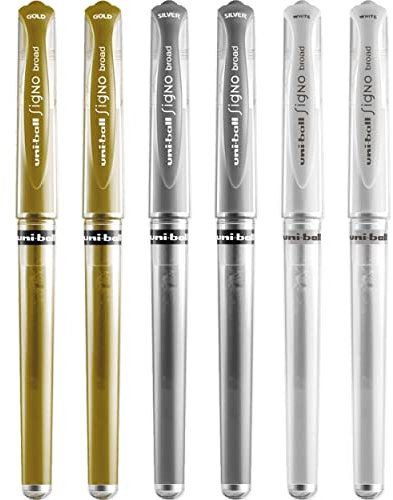 Uni Ball Signo Tintenroller, Metallic, 1 mm, Strichbreite 0,65 mm, Gummigriff, 6 Stück, Weiß, Silber und Gold, 6 Stück