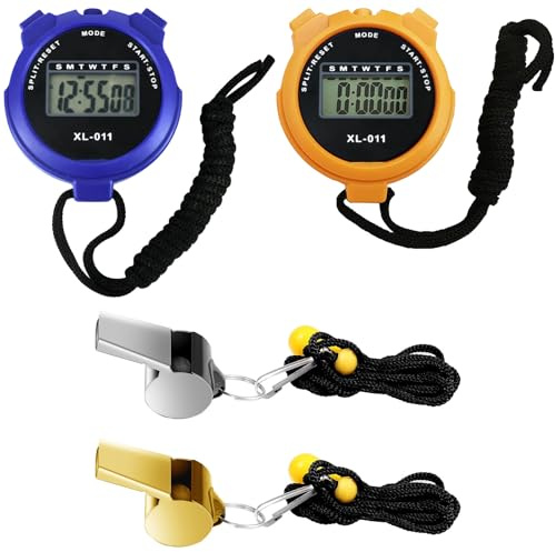 2 Pcs Digital Sport Stopwatch Timer and 2 Stainless Steel whistles Sports | Water Resistant, Handheld, Training, Swimming, Running,LCD Screen, Quick Start & Stop, Alarm, Clock