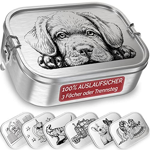 TAKWAY Edelstahl Brotdose Kinder mit Fächern 800ml | Auslaufsicher | Bento Box mit Unterteilung variabel | Jausenbox Brotbox Kindergarten Kita Schule (Hund, 3-Fächer)