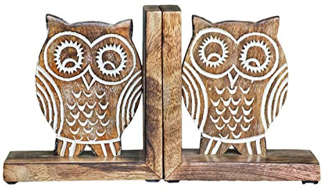 eTroves Lot de 2 serre-livres en bois de 15,2 cm pour étagères à livres, maison, bureau, livres lourds, support d'étagère, décoration d'intérieur, butées de livres, support de livre, motif hibou blanc
