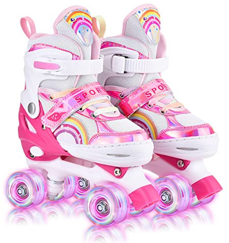 YUDOXN Rollschuhe Mädchen Verstellbar.komfortabl LED Rollerskates für Jugendliche und Anfänger.3 Größen, verstellbar von 31 bis 42, Rollerskates.Verstellbar Rollschuhe für Kinder (S, Pink-A)