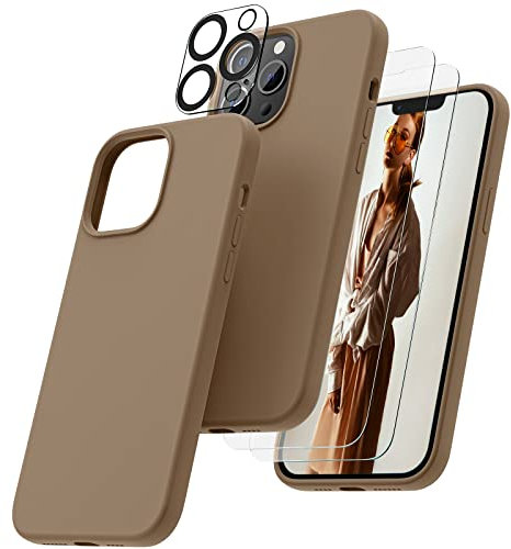 OIIAEE [5-in-1 Designed for iPhone 13 Pro Max Case 6.7 , with 2 x Screen Protector & 2 x Camera Protector, Soft Liquid Silicone Gel Rubber Slim Shockproof Cover with Microfiber Lining, Light Brown