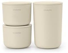 Brabantia - Renew Aufbewahrungsbehälter - 3er-Set - für die Aufbewahrung Kleiner Gegenstände - Stapelbar - Korrosionsbeständig - Leicht zu reinigen - Badezimmerzubehör - Soft Beige - 15,2 x 7,6 cm
