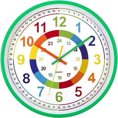 VINILITE Wanduhr Kinder lautlos 30 cm Ablesen Farbenfrohe Kinderwanduhr Lernen Wohn- /Schlaf/Kinderzimmer großes Ziffernblatt Büro (Grün)