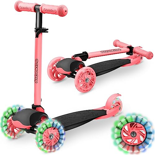 Ricokids LED Scooter Kinderroller Cityroller Tretroller Klappbar Balance-Scooter 3 Räder LOCO Schwarz-Rosa