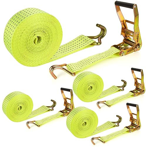 Confezione da 4 cinghie a cricchetto da 5 cm, resistenti, 6 m, con doppio gancio a J, resistenza alla rottura di 3,628,7 kg, cinghie a cricchetto per traslochi, camion, rimorchi, moto, kayak, tetto