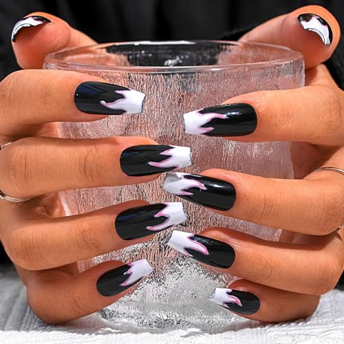 Sethexy French Long Coffin False Nails Handmade Black Glossy Acrylic Fake Nails Hand-painted Fire Press On Nails Pink Flame Salon Quality Nail Removable for Women and Girls(W)