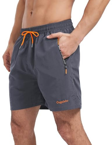 Ougelebo Badehose Herren Badeshorts Herren Kurz Schnelltrocknend Männer Schwimmhose Schwimmshort mit Reißverschluss Swimming Shorts Men Grau L