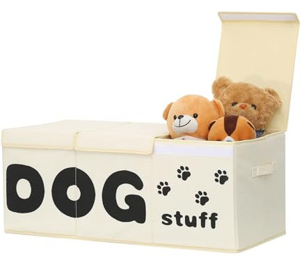 Qozary Große Aufbewahrungsbox für Hundespielzeug – Korb mit 3 Fächern und Deckel, faltbarer Mülleimer für Haustierbedarf, perfekt, um Spielzeug organisiert zu halten