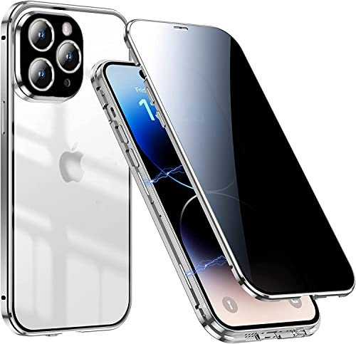 Anti Spy Hülle für iPhone 15 Pro,360 Grad Schutzhülle,Privacy Case mit Sichtschutz Gehärtetes Glas,Vorne hinten Magnetische Metallrahmen Anti peeping Handyhülle für iPhone 15 Pro 5G,Titan Silber