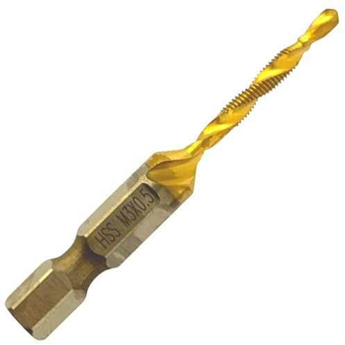 Rennie Tools - M3 x 0.5 Combination Drill and Tap Bit, 1/4 Hex Shank. Metric Coarse Titanium Coated HSS Spiral Flute Drilling Tapping Tool. 3mm x 0.5mm Pitch Drill Bit.