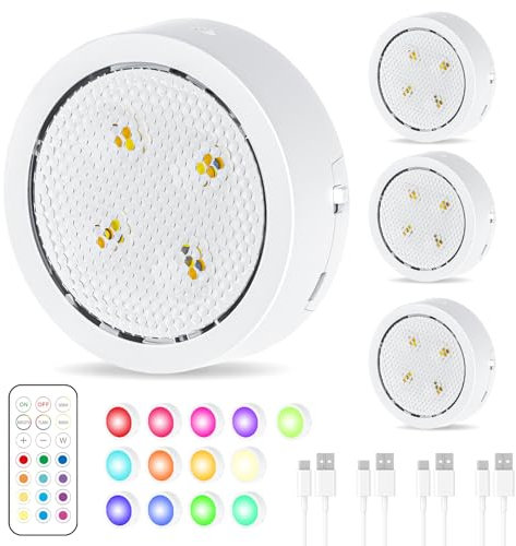 Led Vitrinenbeleuchtung kabellos,USB Aufladbar LED Spots Akku mit Fernbedienung,Küchenunterbauleuchte Nachtlicht mit Bewegungsmelder,Dimmbar Indirekte Beleuchtung mit Timer Schrank,Regal (RGB-White)