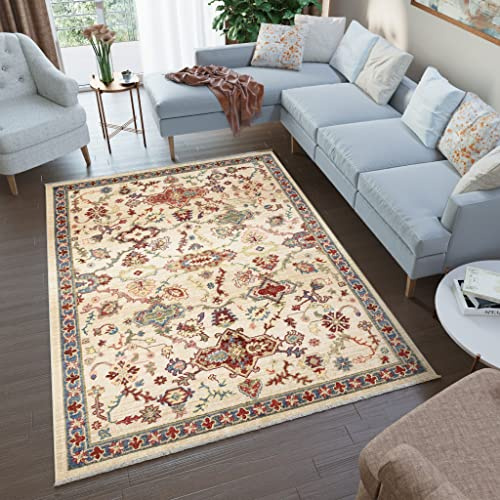 TAPISO Rivoli Teppich Kurzflor Traditioneller Teppich Fransen Beige Braun Blau Rot Blumen Ornament Wohnzimmer Schlafzimmer Modern Design ÖKOTEX 80 x 150 cm
