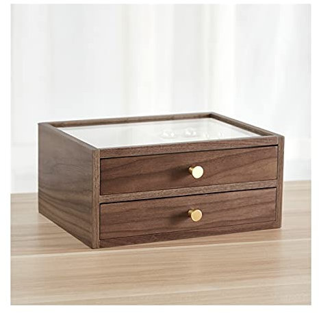 Schmuckschatullen, Schmuckschatulle, Schmuck-Organizer-Box, zweilagig, Schmucketui für Damen, Holzvitrine mit Glas und Ringablage, Vintage-Stil, Walnuss-Schmuck-Organizer, einfaches und tragbares