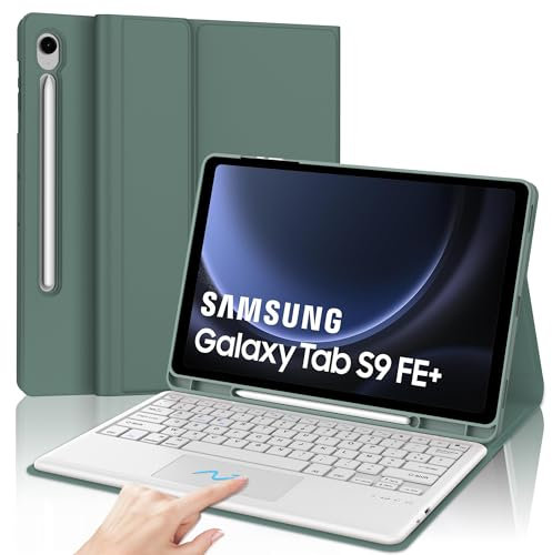 JADEMALL Coque Clavier avec Trackpad pour Samsung Tab S9 FE+ /S9FE Plus 12.4 2023, AZERTY Français Clavier Détachable avec Trackpad pour Samsung Tab S9 FE+ 12.4 SM-X610/ X616B, Vert foncé