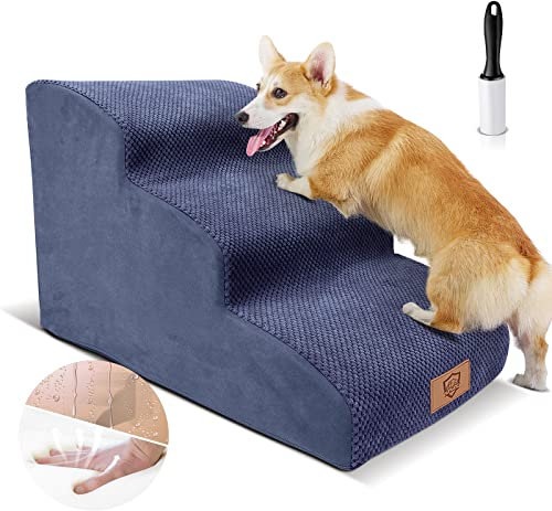 Myiosus Dog Steps for Bed, 3-Step Foam Pet Steps for Sofa with Removable Waterproof Cover - Non-Slip Dog Stairs Ramps for Small Large Dogs, Cats & Elderly Pets (Blue, 60x40x40cm)