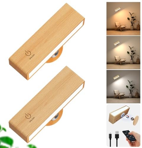 DetarZinLED Akku Wandleuchte Innen mit Fernbedienung,2 Stück Wandleuchte ohne Stromanschluss,LED Wandleuchte Kabellos mit 3 Farbmodi,360° Drehbarer Holz Aufladbare Wandlampe für Schlafzimmer