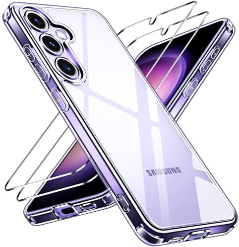 ivoler Nie Vergilbung Klar Hülle für Samsung Galaxy S24 5G, 1 Handyhülle mit 2 Stück Panzer Schutz Glas, [Militärischer Schutz] Stoßfest Transparent Schutzhülle Dünn Durchsichtige Case (Lila)