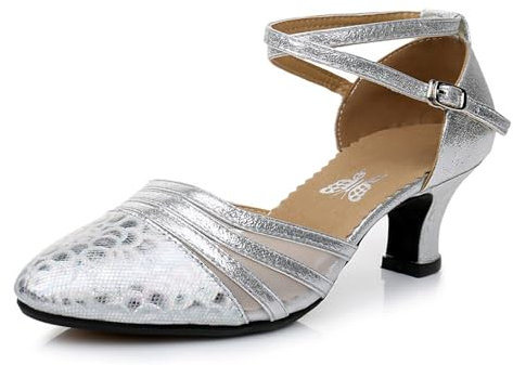 Zapatos de Baile Latino y Salsa para Mujer Zapatos de Tango Zapatos de tacón de Bloque con Tiras(Plata-3.5CM.EU 39)