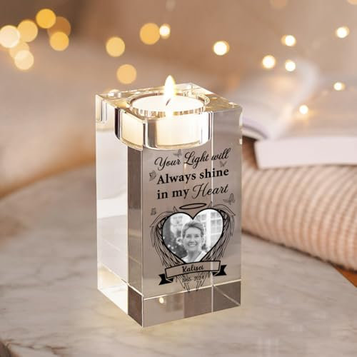 Portacandele in cristallo con foto personalizzata, portacandele in cristallo con incisione 3D, portacandela commemorativa, regalo commemorativo, questa candela brucia nella memoria amorevole (candela