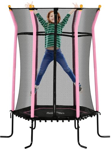 HOMCOM Trampolin Outdoor Ø163,5 cm, Kindertrampolin Gartentrampolin mit Sicherheitsnetz, Randabdeckung für Kinder 3-10 Jahre bis 50 kg belastbar Rosa
