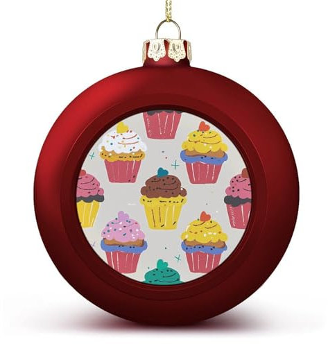 6 cm Weihnachtskugel-Ornamente, Cupcake-Muster, Druck, roter Kunststoff, bruchsichere Weihnachtskugeln, Dekoration, hängende Weihnachtskugeln, Dekorationen, Kugeln für Weihnachtsbaumschmuck, mit