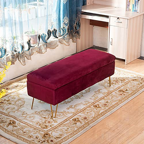 Sitzbank mit Stauraum, Samt, modern, Plüsch, getuftet, für Eingangsbereich oder Wohnzimmer, Bettbank, Sofa, 60 x 40 x 43 cm, Rot