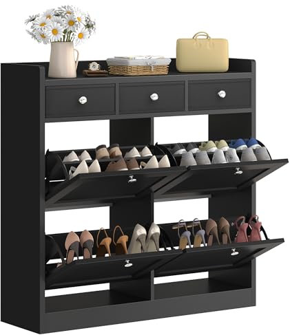 YITAHOME Schuhschrank, Schuhregal Schuhkipper Schmal, schuhschrank schwarz mit 4 Klappen, Shoe Cabinet Schuhkommode Schuhschrank mit Schublade für Eingangsbereich, Flur (schwarz)