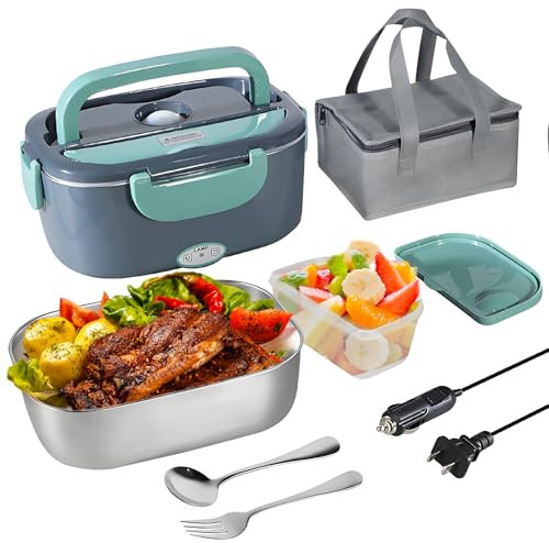 4 in 1 Scaldavivande Elettrico Portatile,Porta Pranzo in Acciaio Inox,Lunch Box Elettrico per Auto Camion e Ufficio,1.5L, Scomparti, Forchetta Cucchiaio e Borsa Per il Trasporto (verde scuro)