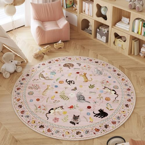 Rugcomf Runder Teppich 1,2 m waschbar Kreisteppich Rutschfest Niedriger Flor Boho Blumen Tier Katze Kleiner Kreis Teppich für Schlafzimmer Badezimmer Eingang Kinderzimmer Büro College Wohnheim, Rosa