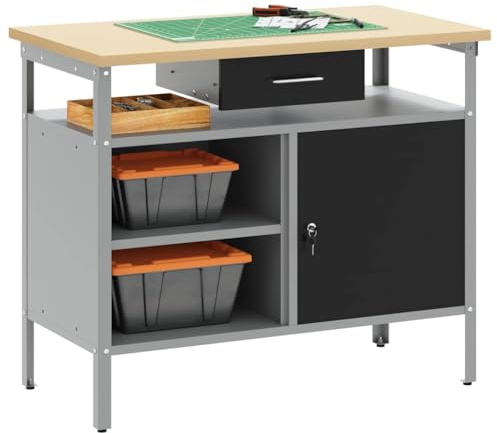 vidaXL Werkbank mit Schubladen Schwarz und Grau 100 x 55 x 85 cm | Stabil auf unebenen Böden, Mehrere Ebenen für organisierten Platz, Aus starkem kaltgewalztem Stahl gefertigt