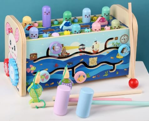 Montessori Spielzeug ab 1 Jahr - 7-in-1 Hammerspiel & Angelspiel aus Holz | Sensorik Lernspielzeug für Feinmotorik & Geduld | Sicher & Langlebiges Holzspielzeug Geschenk für Mädchen und Jungen​