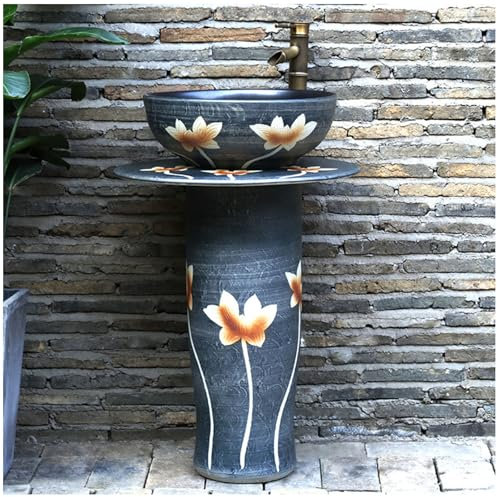 RDIAYDN Lavabo sur Pied Autoportant - Lavabo sur Pied en CéRamique, Lavabo RéTro Vasque Meuble Lave Mains pour IntéRieur/Exterieur, Facile à Nettoyer,3 Piece Set