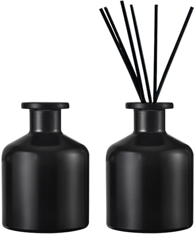 DEARBAG 2 Botellas de Vidrio Difusor, 200ml Frasco difusor de Vidrio Negro Frasco Redondo de Aceite Esencial, Difusores de Aceites Esenciales con Fragancia para el Hogar Baño