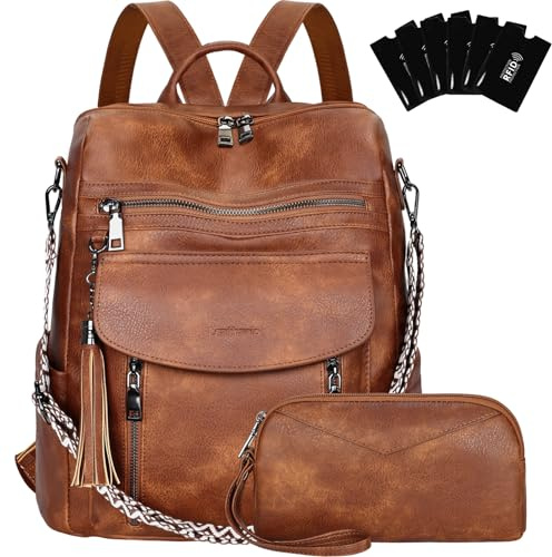 LEASOUL Rucksack Damen Set Wasserdicht,Veganes Leder Cityrucksack,Rucksackhandtasche Mittelgroß, Diebstahlsich Tagesrucksack für Büro,Pendeln,Arbeit,Leicht Elegant Backpack Women Groß für Reise