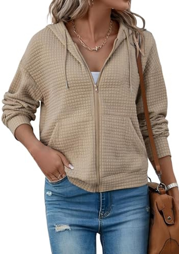 EIRUKON Sweatjacke Damen mit Kapuze Zip Hoodie Damen Oversize Übergangsjacke Kapuzenjacke Herbst Winter Reißverschluss Casual Sweatshirt Jacke,Khaki,S