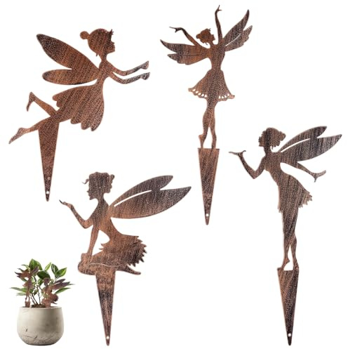 4 Stück Gartenstecker, Gartendeko Rost, Elfen Figuren Garten Deko, Rost Gartenstecker, Elfen Roststecker, Fee Metall Stecker, Fee Rostdeko Gartenfigur Edelrost Elfe, Gartendeko für Draußen Wetterfest