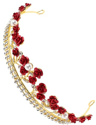 Beaupretty Rote Rosen Hochzeitskrone Leichtes Braut Diadem mit Strass Schmuck Romantisches Kopfschmuck für Damen Vielseitig Passend zu Verschiedenen Brautkleid stilen
