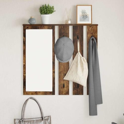 Owoxanthellate Wandregal Kleiderständer Räuchereiche 84 x 10 x 80 cm Modernes Wandboard mit Metallhaken und Spiegel platzsparende Garderobe für Flur Wohnzimmer Schlafzimmer