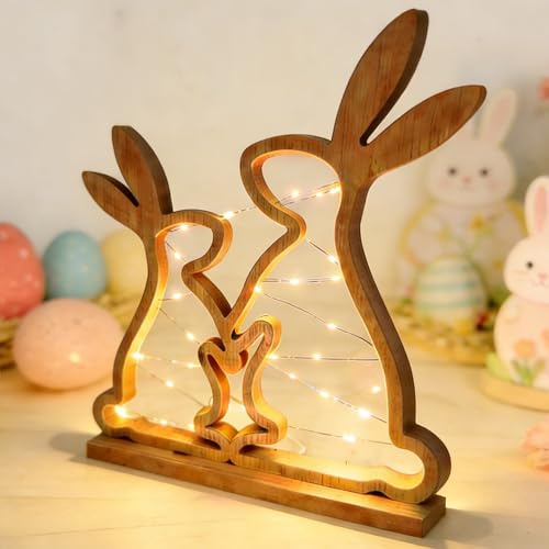 YOUYIEK Coniglio Pasquale, Coniglio Legno Decorazioni Pasquali con LED Luci a Stringa in Piedi, Primaverile Idee Regalo Pasqua La Tavola Centrotavola Decorativo Casa Addobbi