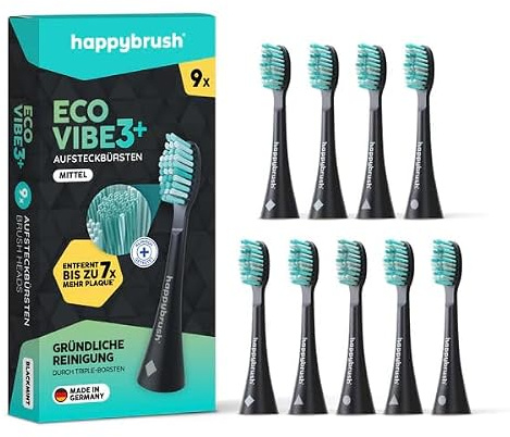happybrush® Aufsteckbürsten für elektrische Schall-Zahnbürste Eco VIBE 3 - Schwarz/Mint - 9 Stück