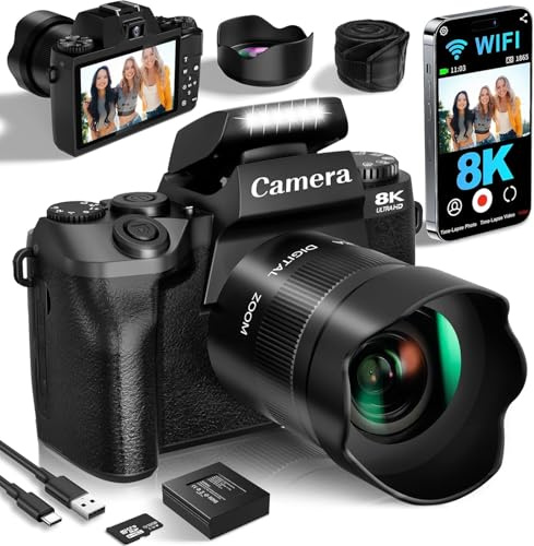 Cameras for Photography, 64MP Dual Lens Vlogging Camera & 32GB Card (Black) | 8K Digital Camera with 4 Touch Screen, LED Fill Light, 3000MAh Battery, Lens Hood, Hot Shoe & 32GB TF Card