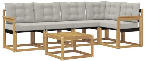 vidaXL Outdoor-Sofagarnitur mit Kissen 6 pcs Weiß und Hellgrau, Akazien Outdoor Sofa Set, modische Möbel für Terrasse, wetterfester Couch, entspannende Sitzgruppe im Garten