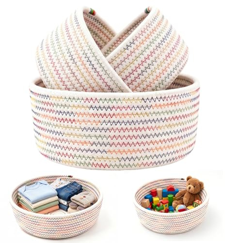 3Set Aufbewahrungskorb Baumwollseil Geflochten, Aufbewahrung Körbe Bunt | Stapelbare Korb Geflochten Körbchen Runde Flechtkorb Organizer für Wickeltisch, Kleiderschrank, Wohnzimmer Deko