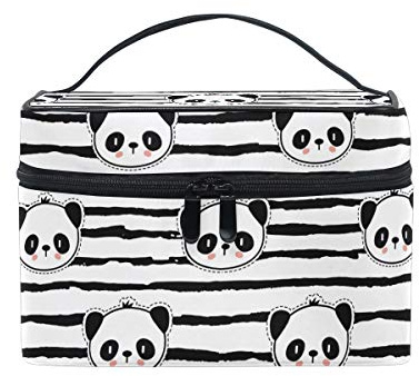 Makeup Bag, Cute Panda Stripes Print Cosmetic Toiletry Storage Organiser Case Large Travel Handle Personalised Pouch with Compartments for Teenage Girls Women Lady