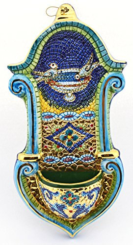 Art Escudellers ACQUASANTIERA Multicolore in Ceramica Dipinta a Mano con Oro 24K, Decorato in Stile BIZZANTINO Verde. 26cm x 13cm x 5cm