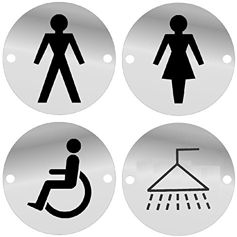 Dzina 4Pc Toilet Door Sign Set 75mm Screen Printed SAA Male Female Disabled Shower Pack of 4