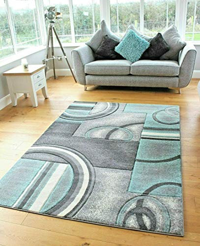 Small Large Duck Egg Light Blue Silver Modern Soft Thick Circles Design Carved Rugs Long Hall Runner Mats (6 (60x120cm)