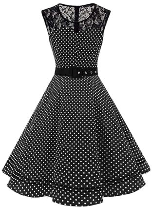 AXOE Damen Rockabilly Kleid 50er Jahre Vintage A-Linie Festlich & Alltag mit Spitze & Gürtel für Hochzeit Sommer Cocktail Schwarz Weiß Gepunkte, Gr.36 (EU 38), S